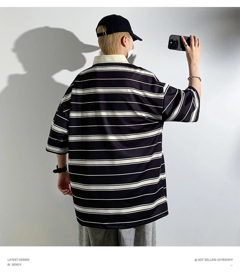 Men's Striped Polo Shirt — Loose Fit Short Sleeve Casual Summer Top