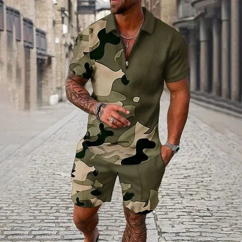 Men's 3D Printed Summer Tracksuit Set – Short Sleeve Polo Shirt & Shorts