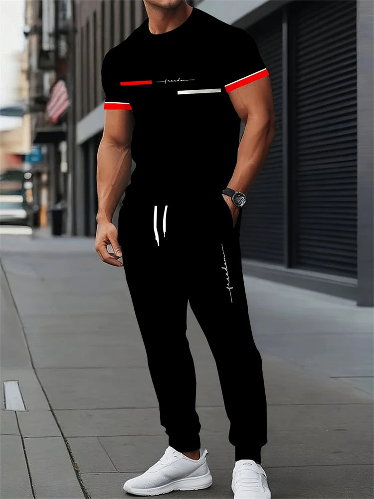 Men's Letter Print Round Neck Short Sleeve & Drawstring Long Pants Plus Size 2-Piece Outfit