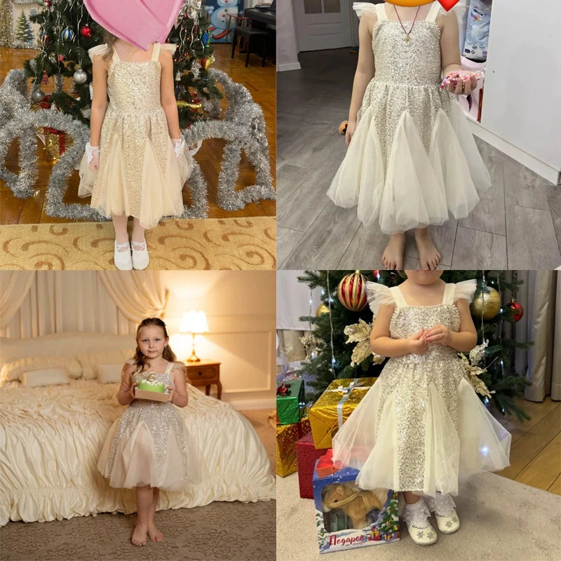Sequin Flying Sleeve Girls Party Dress — Elegant Mesh Vest Princess Prom Dress