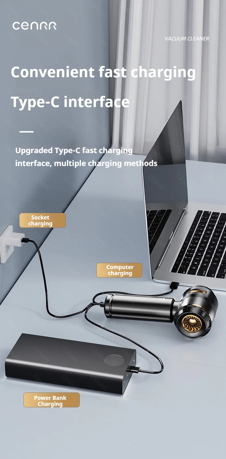 CENRR Wireless Car Vacuum Cleaner — 3-Gear Brushless Motor, 6000mAh, 9 Accessories, USB-C Charging