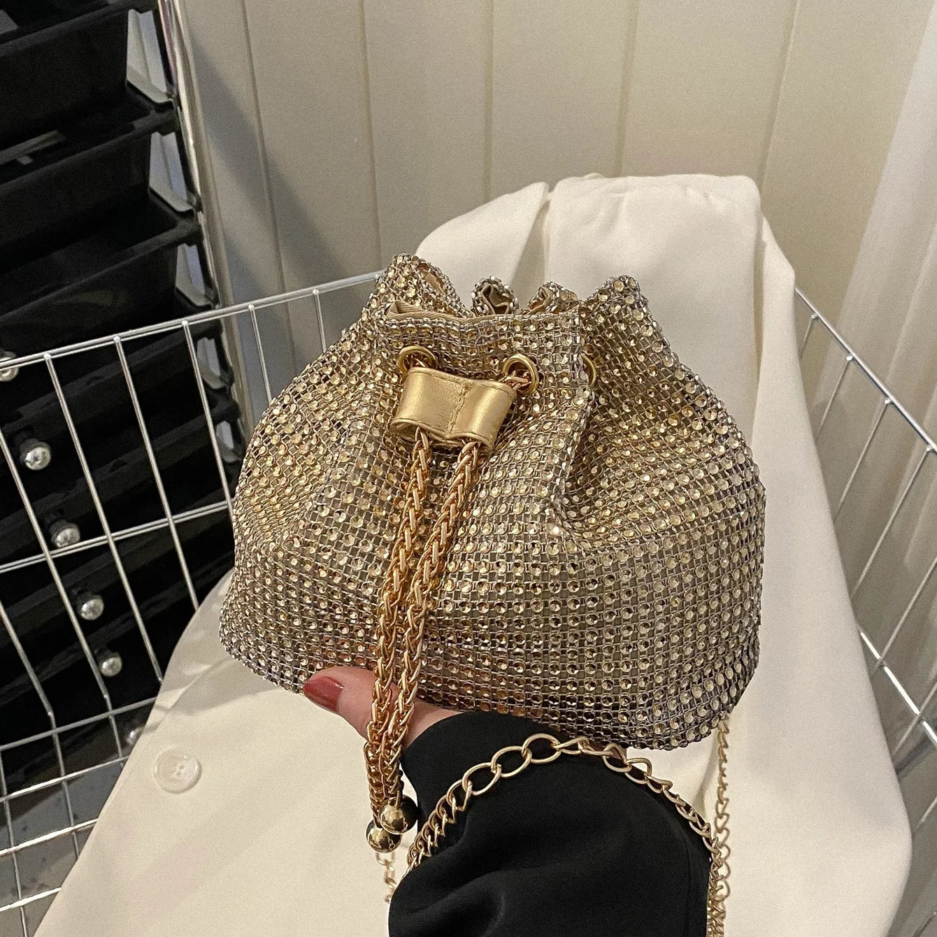 Rhinestone Drawstring Crossbody Bucket Bag – Formal Handbag for Women