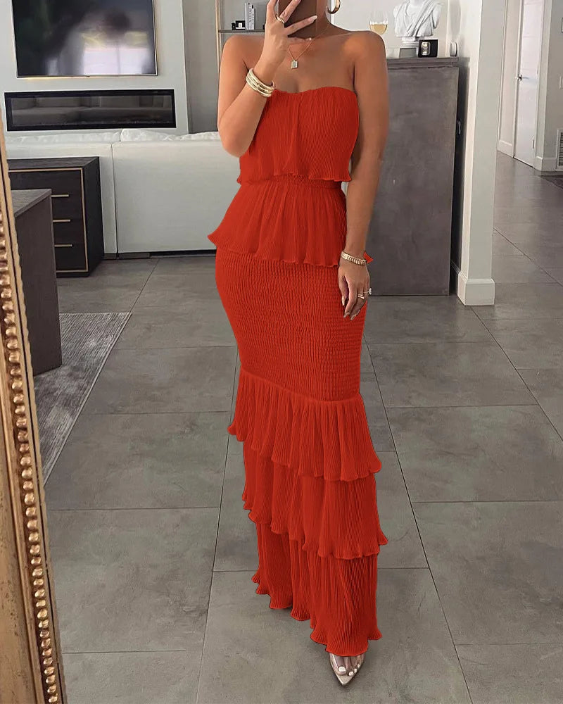 Bandeau Shirred Ruffle Layered Maxi Dress — Slim Fit Sleeveless Elegant Long Dress