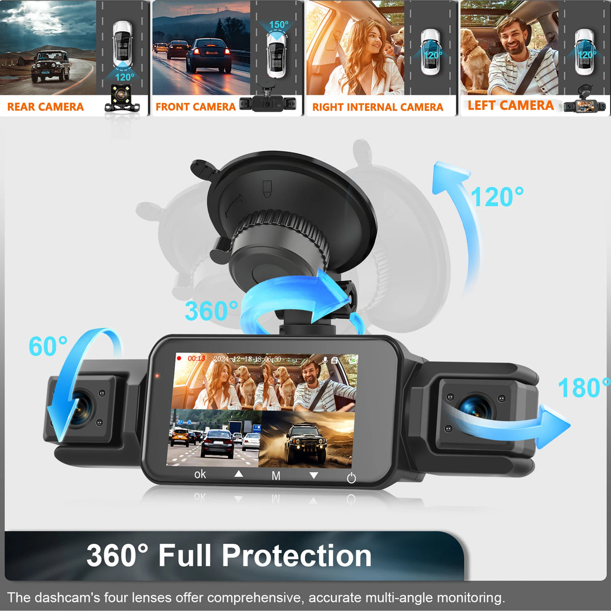 4-Channel WiFi Dashcam – FHD 1080P, Night Vision, Loop Recording, Parking Monitor | Front + Rear + Side