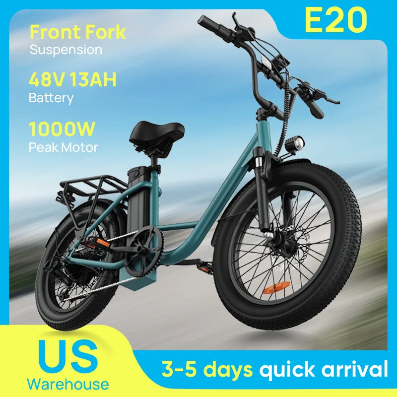 URLIFE E20 1000W Fat Tire Electric Bike — 48V 13Ah, 28MPH, 80-Mile Range, 7-Speed, Dual Disc Brake