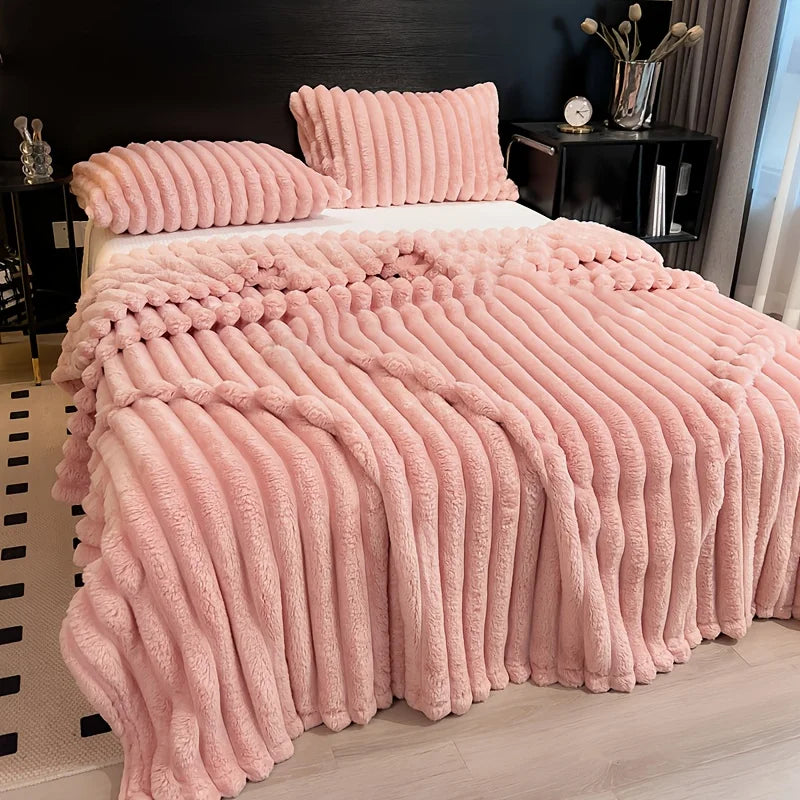Thickened Wide Stripe Plush Flannel Multifunctional Blanket – Bed Sheet, Sofa & Nap Cover, 7 Colors & 5 Sizes