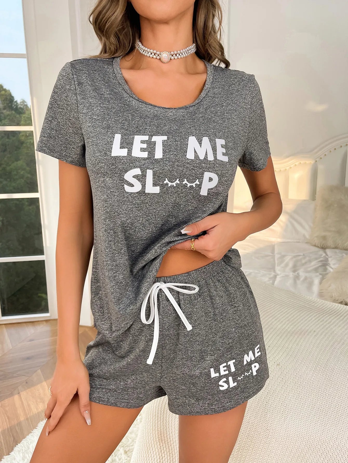 Women's Gray Letter Print Pajama Set | Short Top & Shorts Casual Home Wear