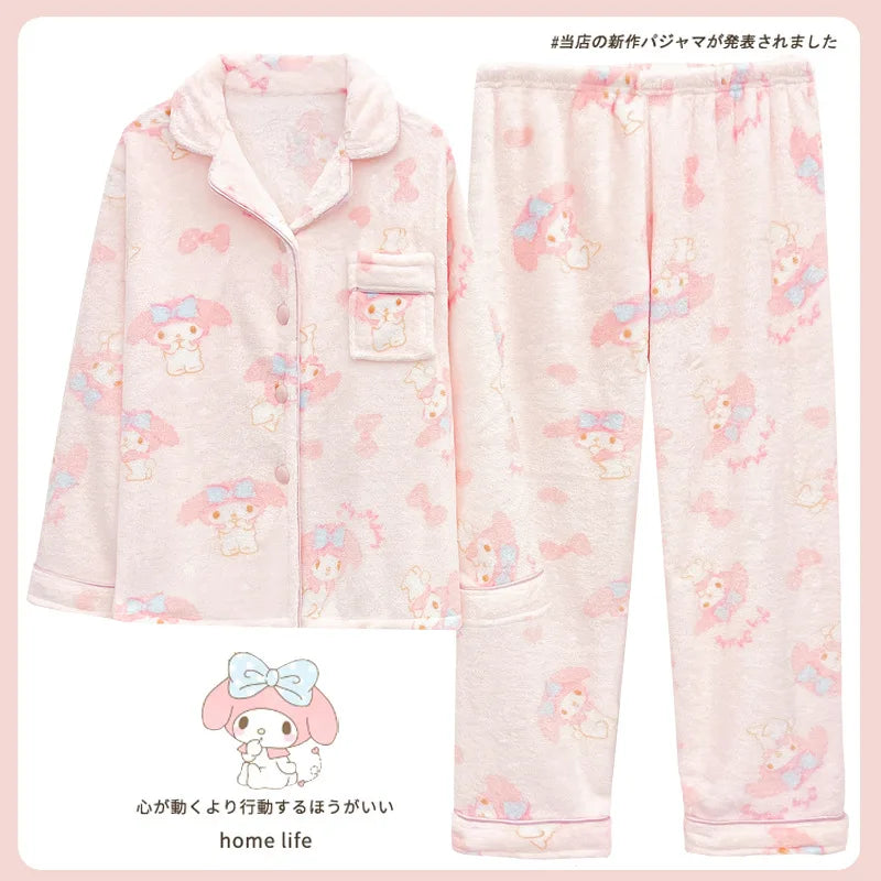 Women's My Melody Flannel Pajamas Set | Cute Lace Collar Winter Homewear Loungewear