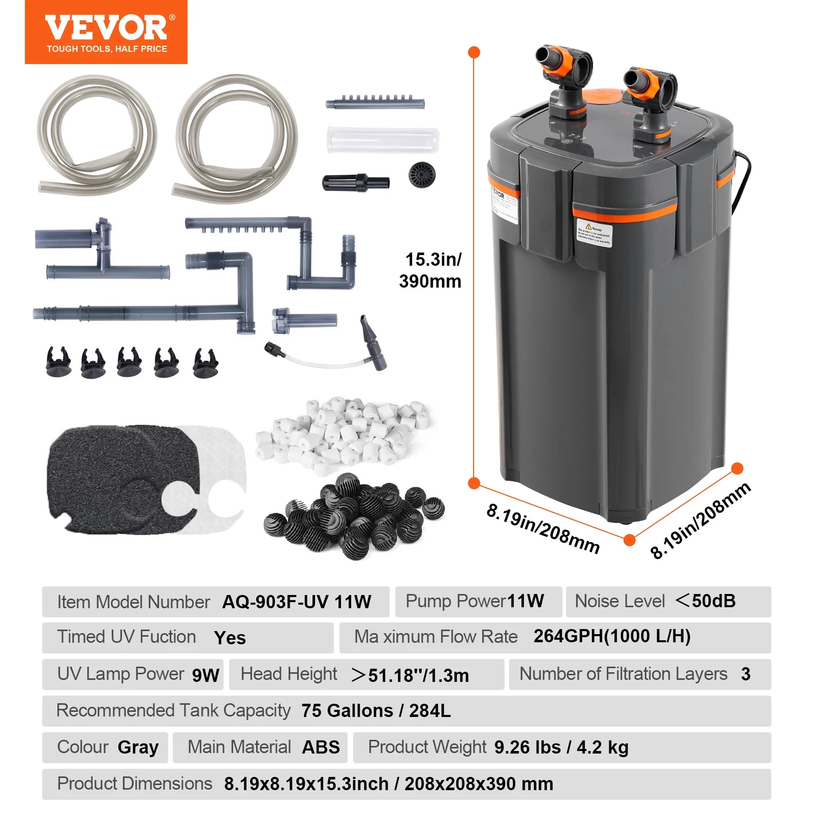 Aquarium Canister Filter 264GPH — 3-Stage Ultra-Quiet with UV Protection for Fish Tanks