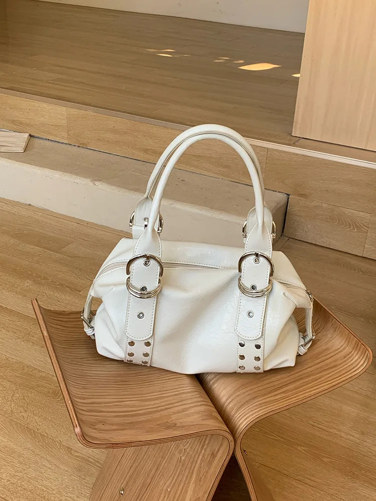 Women's Rivet PU Leather Motorcycle Shoulder Bag – Hot Girl Underarm Handbag in Black & White