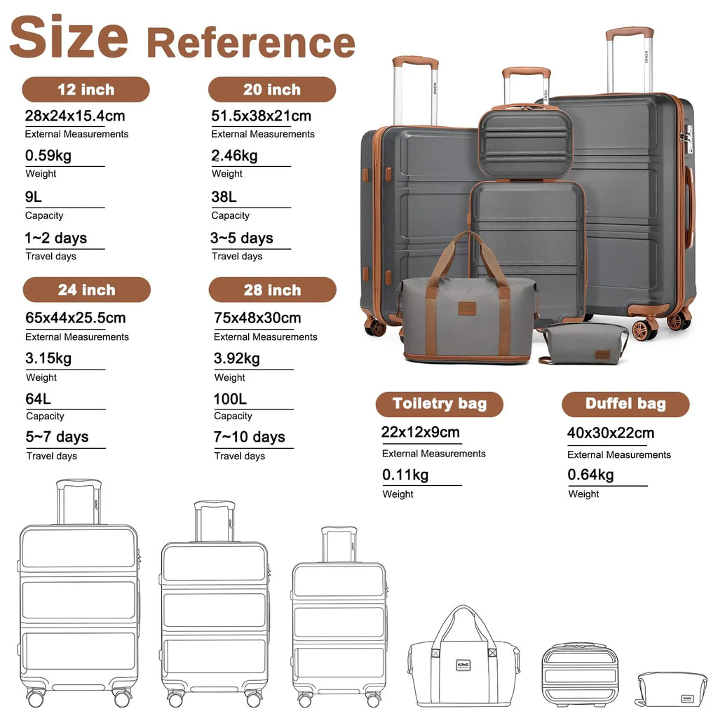 KONO 4/5/6-Piece Hardshell Luggage Set with Toiletry Bag — TSA Lock Spinner Wheels Travel Suitcase