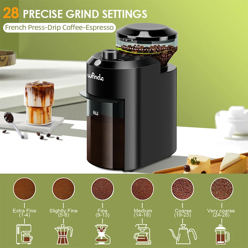 Wancle Electric Burr Coffee Grinder – 28 Grind Settings, Conical Burr Mill, 220V/120V