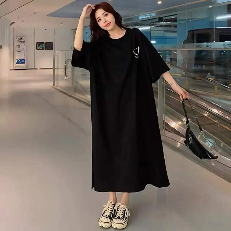 Women's Short Sleeve T-Shirt Dress – Loose Mid-Length Over Knee Casual Summer Dress