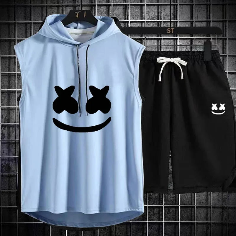 Men's Short Sleeve T-Shirt & Elastic Waist Shorts Casual Sport Set