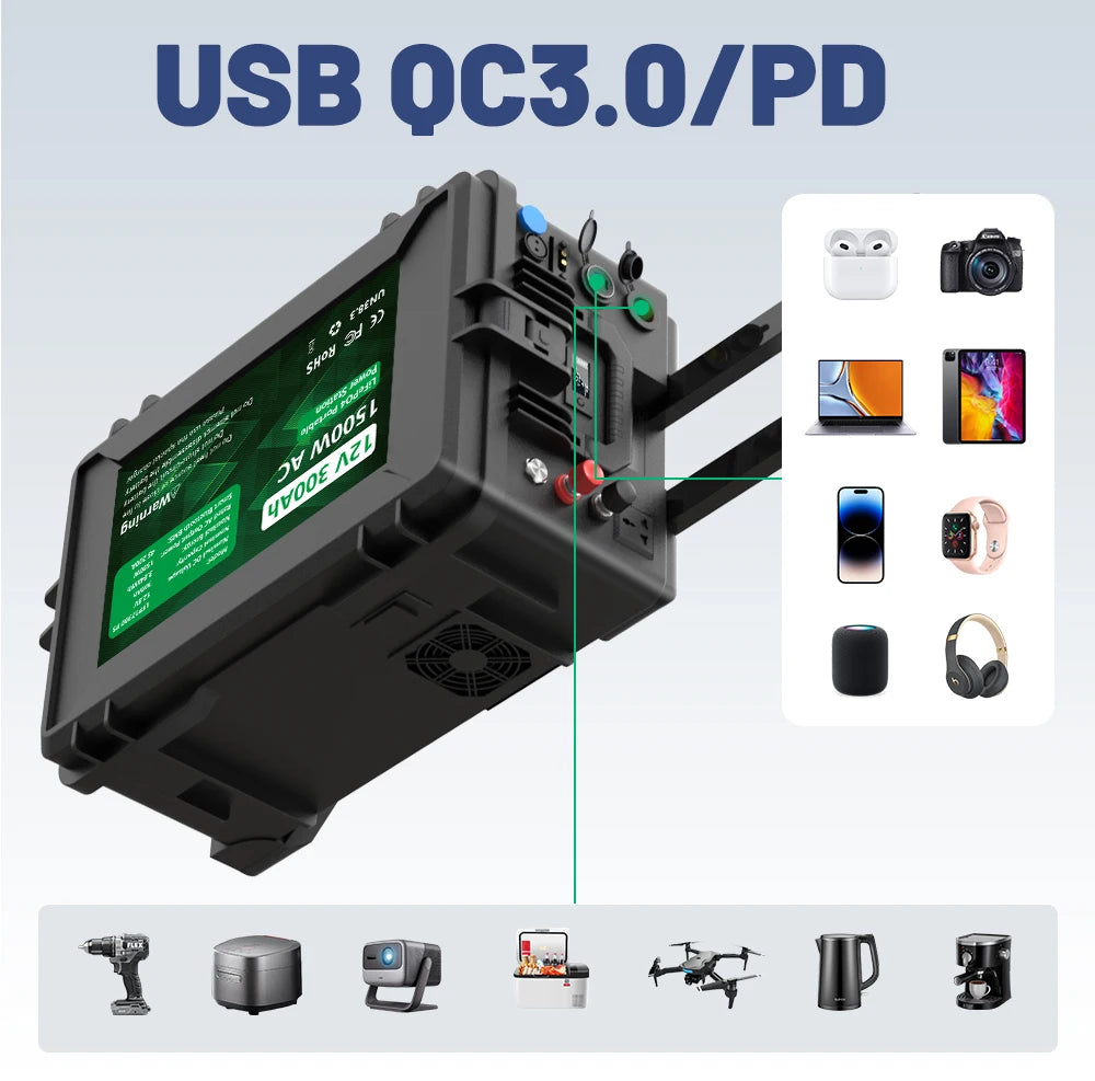 Portable Power Station 12V 300Ah — High-Capacity LiFePO4 Battery for Off-Grid & RV Use