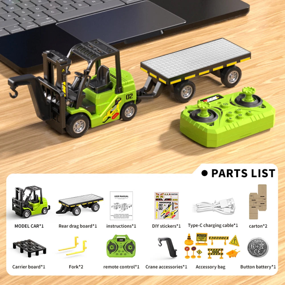 1:64 Scale Bluetooth RC Crane & Forklift 2-in-1 Desktop Mini Alloy Toy Car with Trailer