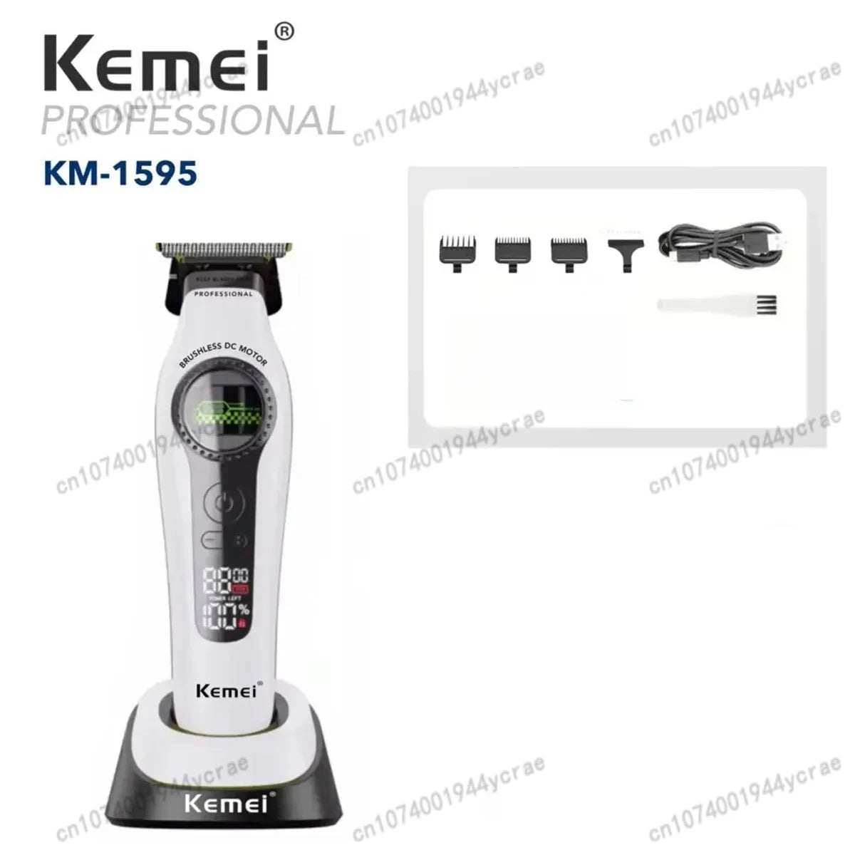 Kemei KM-1593 / KM-1595 Brushless Hair Clipper – DLC Blade, 8000 RPM, 200-Min Runtime, USB-C