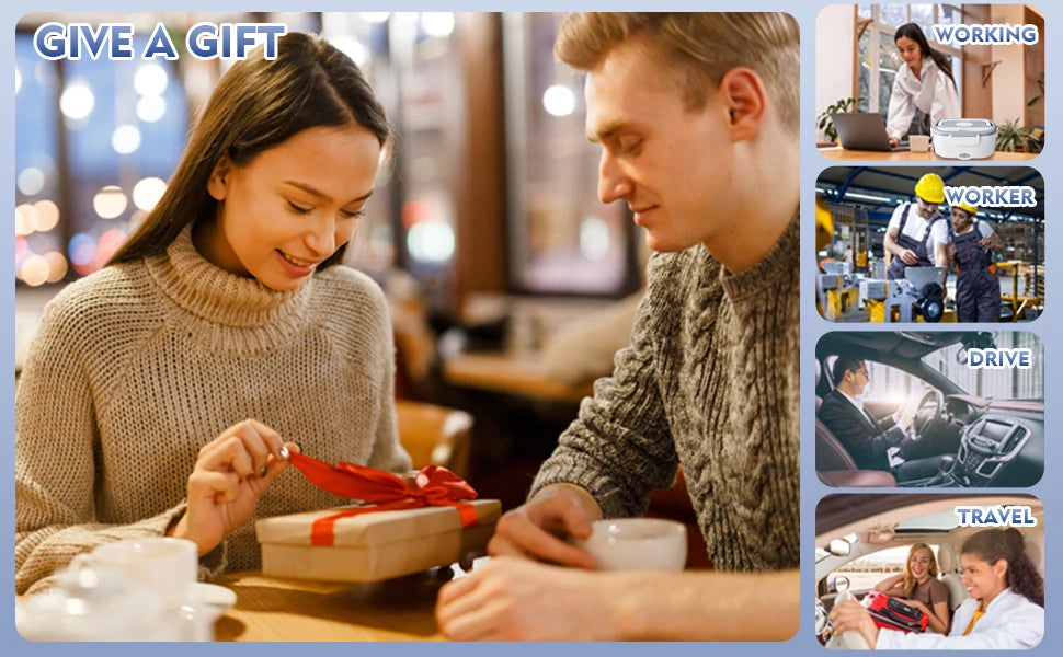 Collage of a couple opening a gift and various scenes including a worker, driver, and travelers.