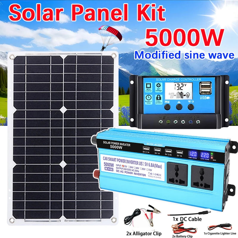 5000W Solar Panel Kit – Modified Sine Wave 12V to 220V System with 30A Charge Controller