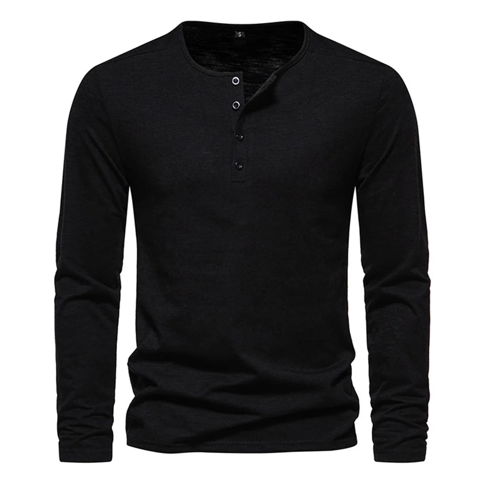 Men's Cotton Slim Fit Long Sleeve T-Shirt — Button Neck Casual Fitness Tee