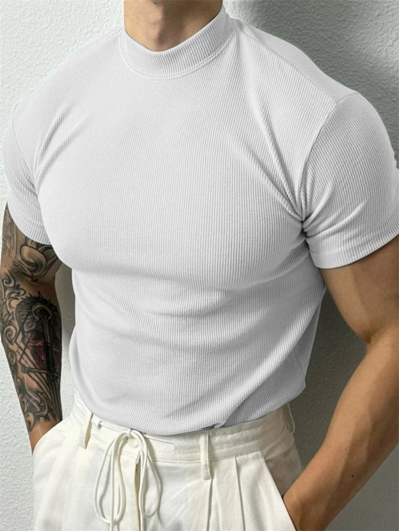 Men's Striped High Collar Short Sleeve Fitness Top — Athletic Training Shirt