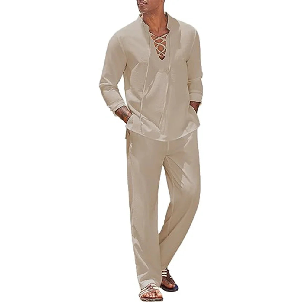 Men's Cotton Linen Shirt & Pants Set – Solid Color Hawaiian Beach Vacation Casual 2-Piece
