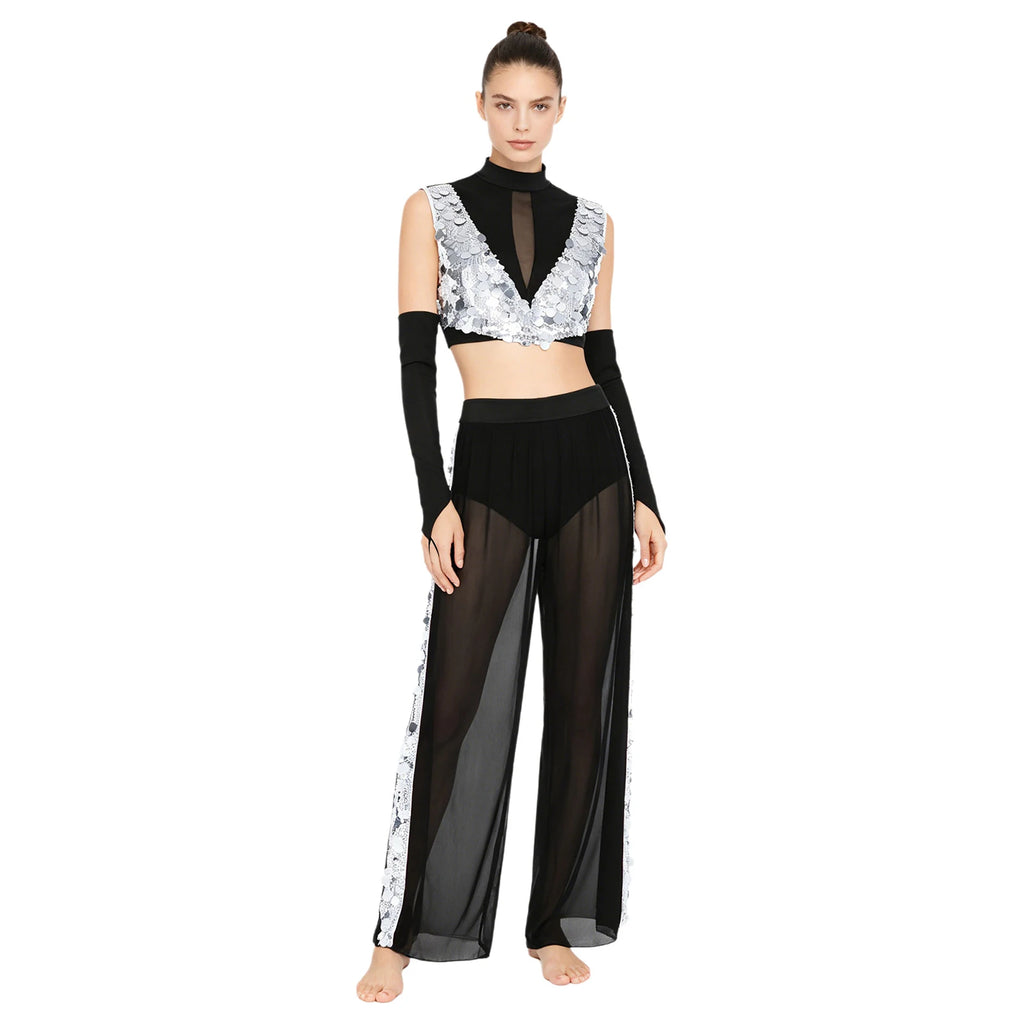 Women's Dance Performance Costume – Shiny Crop Top & Sheer Pants for Skating, Gymnastics & Ballet