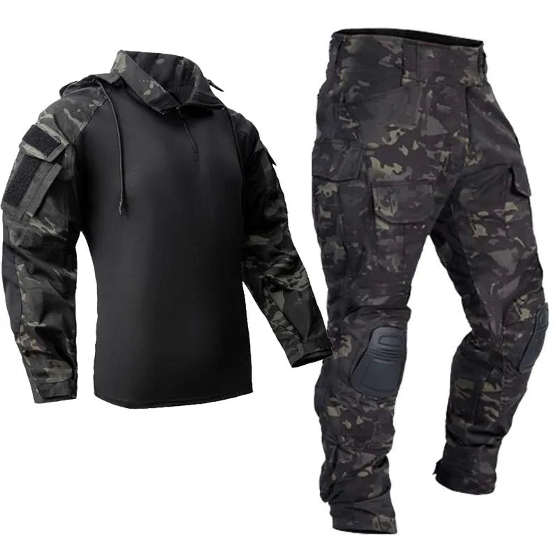 Men's Tactical Combat Suit – Camo Hooded Shirt & Cargo Pants with Pads