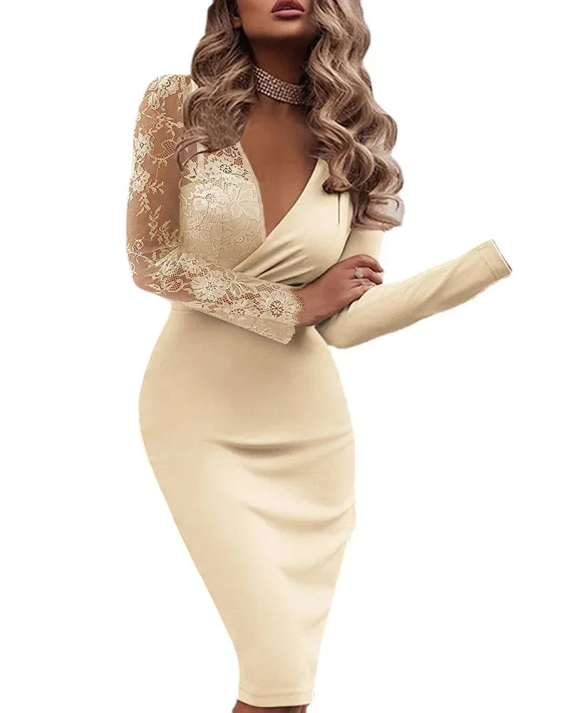Deep V-Neck Long Sleeve Lace Formal Prom Gown — Sexy Bodycon Evening Party Dress