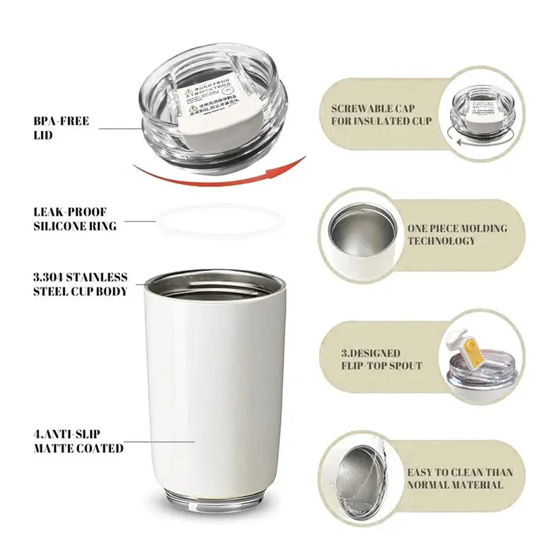 240ml Stainless Steel Vacuum Thermos Tumbler – Insulated Coffee Mug for Car & Travel, 12–24Hr, Milky White