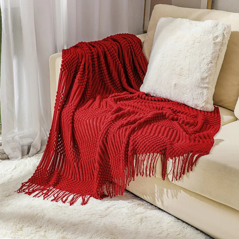 Knitted Acrylic Throw Blanket with Tassels – Chunky Farmhouse Style, 28 Colors & 2 Sizes