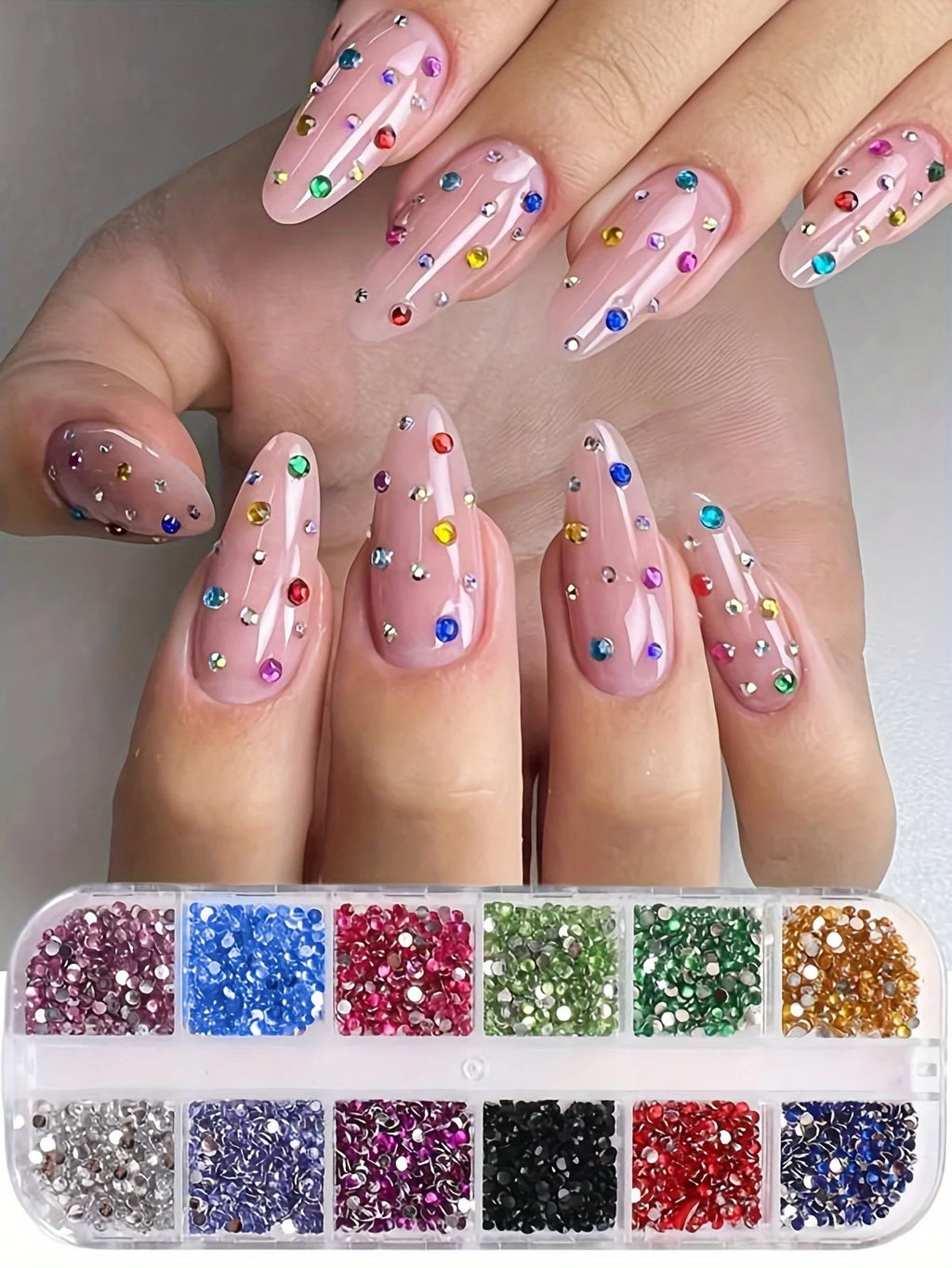 12-Grid Crystal Nail Art Rhinestones — Flatback Gemstone Decoration Set