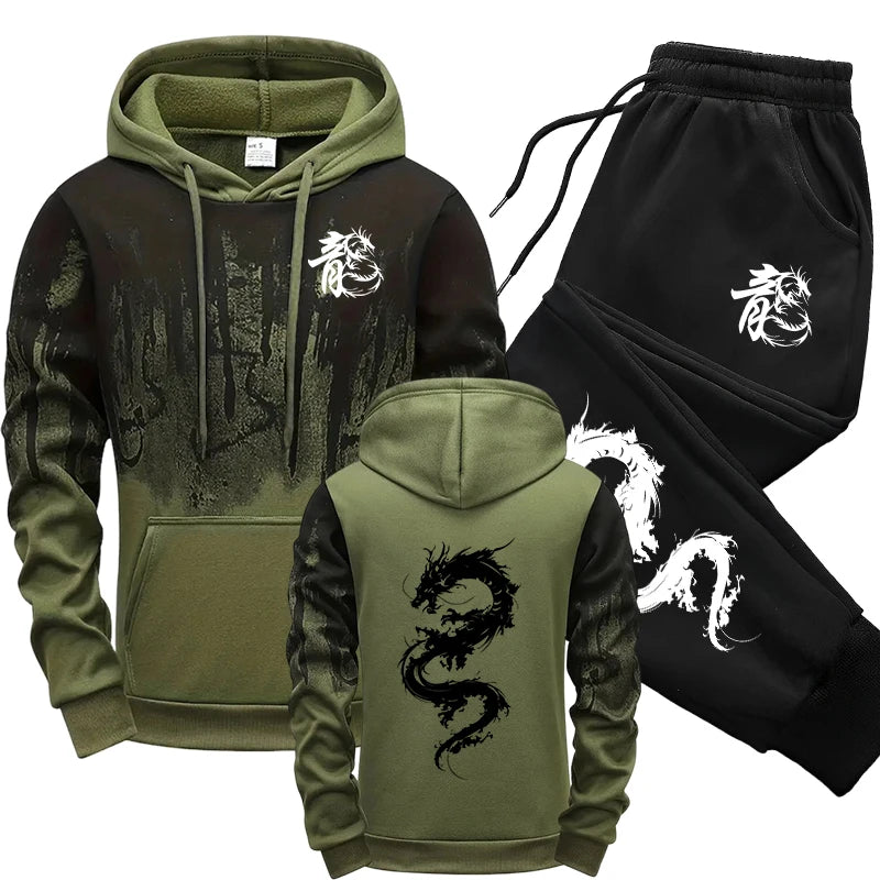 Men's Chinese Dragon Print Hooded Sweatshirt & Sweatpants Set – Autumn Winter Casual
