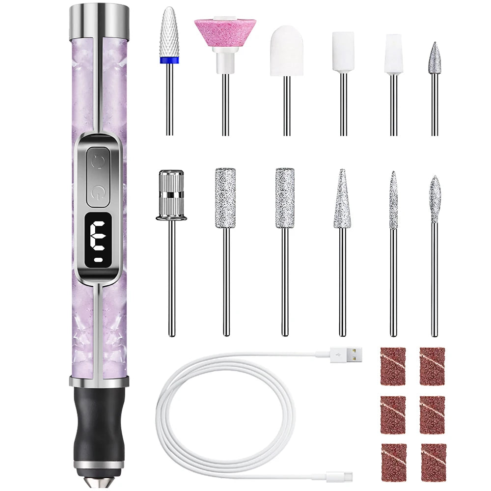 Electric Nail Drill & Polisher – 3 Speeds, 15000 RPM, 12 Drill Bits, LED Display, USB-C
