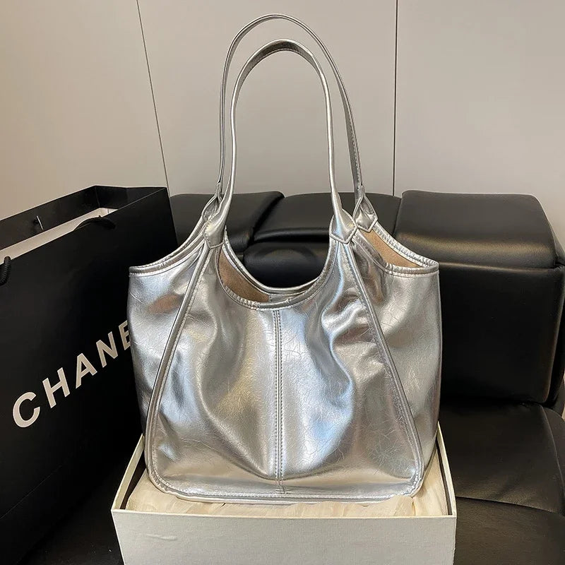 Silver TPU Large Capacity Tote Bag – Luxury Business Shoulder Handbag for Women
