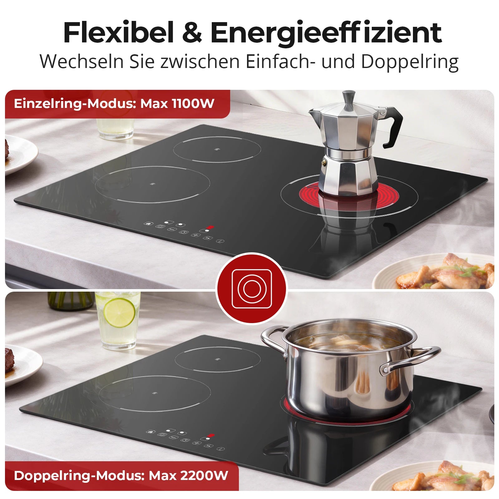6000W 4-Zone Ceramic Induction Hob – 60cm Black Glass, Touch Control, 9 Power Levels, Timer & Child Lock