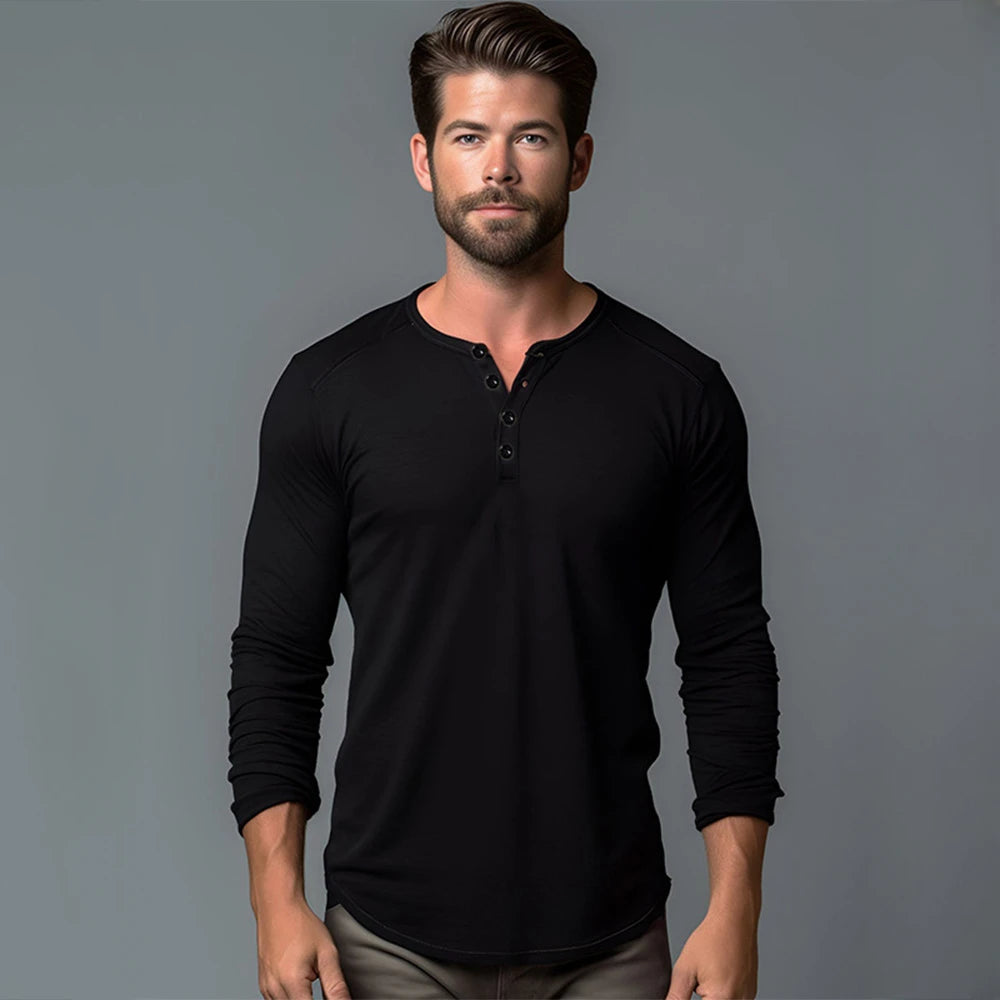 Men's Cotton Slim Fit Long Sleeve T-Shirt — Button Neck Casual Fitness Tee