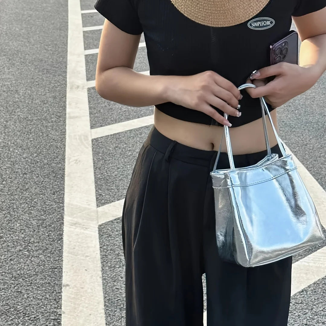 Sparkling Silver Glittery Mini Drawstring Bucket Bag – PU Crossbody Handbag with Wallet for Women