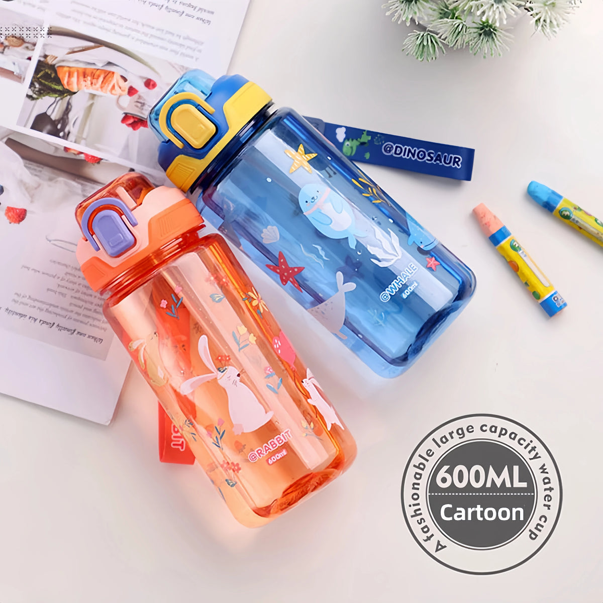 600ml Dinosaur Kids Water Bottle – BPA-Free Silicone Straw Sippy Cup, Leakproof with Carry Rope