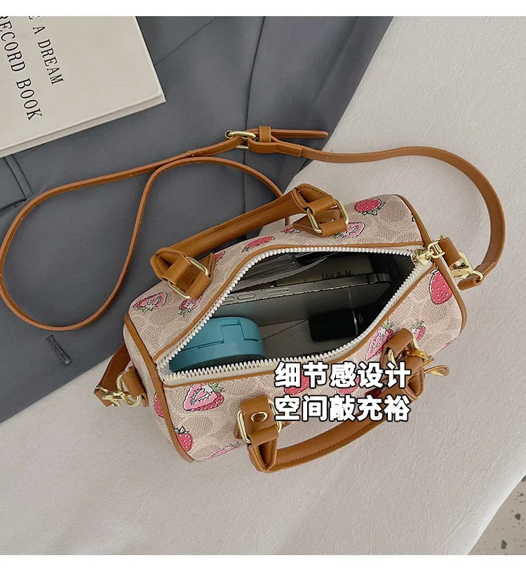 Cherry Print PU Leather Boston Crossbody Shoulder Bag – Luxury Designer Handbag for Women