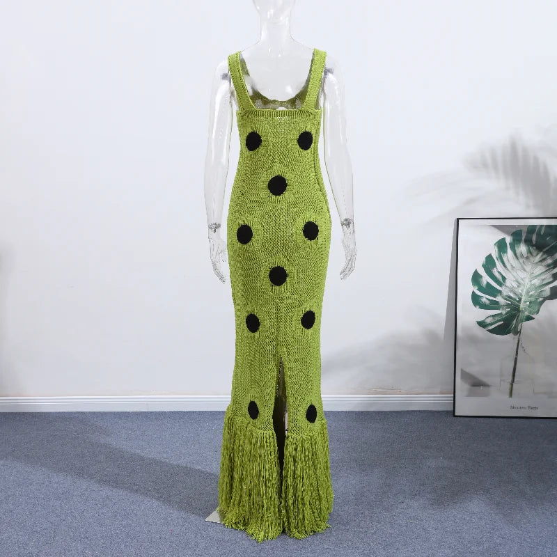 Women's Sexy See-Through Knitted Maxi Dress | Hollow Out Deep-V Tassel Hem Party Gown