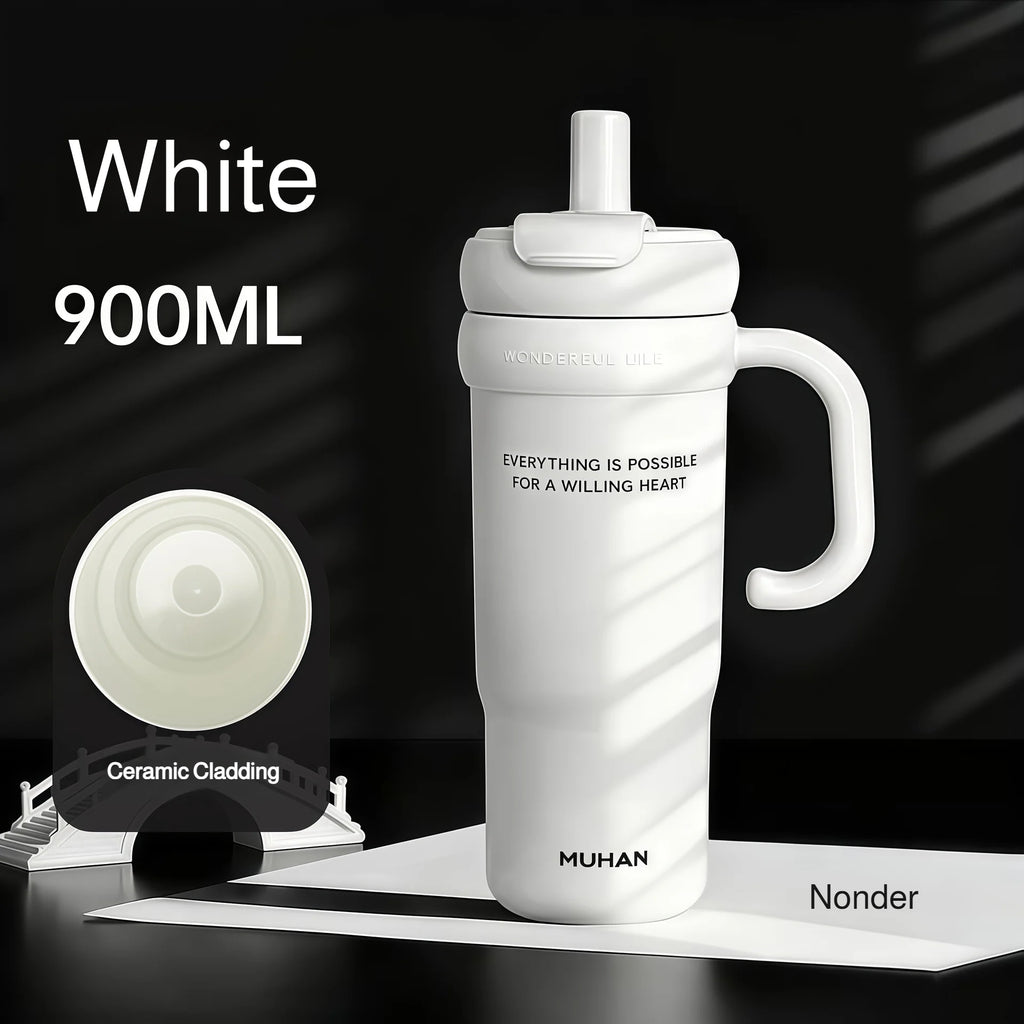 900ml Ceramic Interior Tumbler with Handle & Straw – 201 SS Shell, Dishwasher Safe, 24Hr Cold, Modern Minimalist, 3 Colors