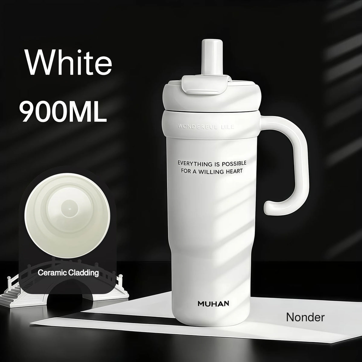 900ml Ceramic Interior Tumbler with Handle & Straw – 201 SS Shell, Dishwasher Safe, 24Hr Cold, Modern Minimalist, 3 Colors