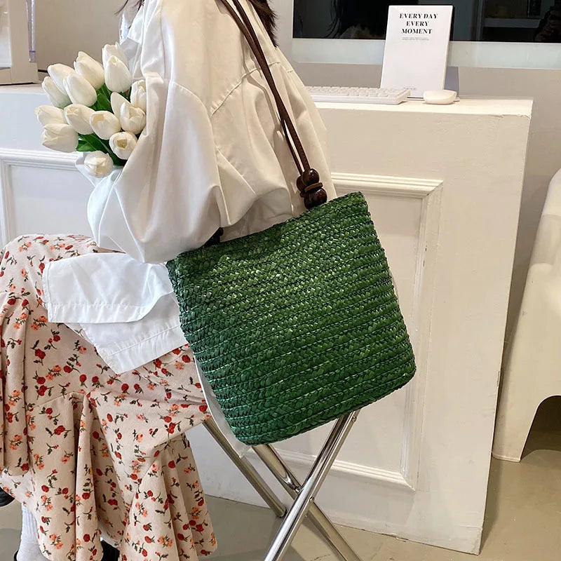Handmade Straw Rattan Woven Tote Bag – Bohemian Beaded Summer Beach Shoulder Bag for Women