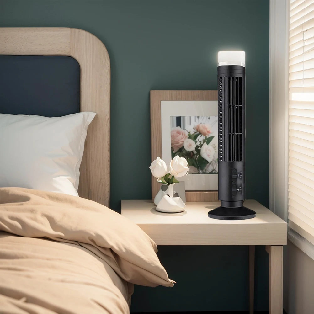 LED Bladeless Tower Fan — USB Powered, 2-Speed, Safe for Kids & Pets, Space-Saving Design