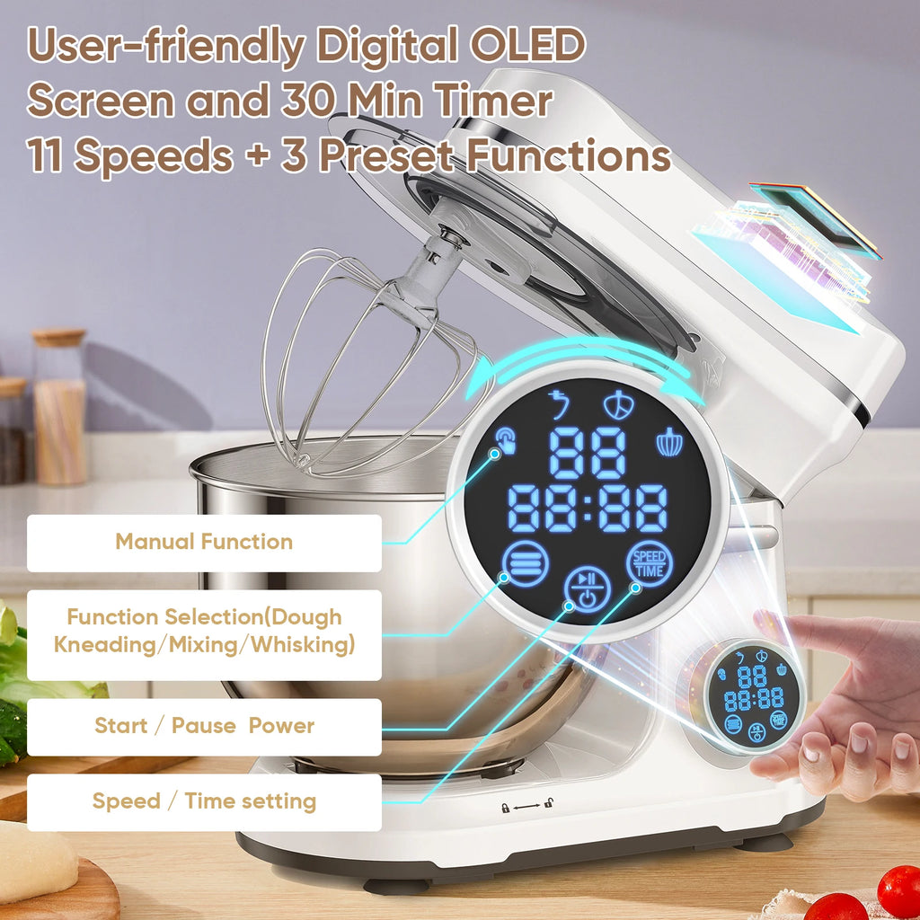 BioloMix 1200W Kitchen Stand Mixer – 11-Speed DC Motor, OLED Display, Dough Hook & Whisk Included