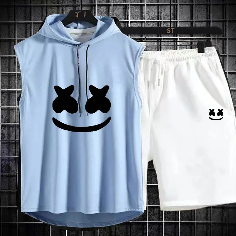 Men's Short Sleeve T-Shirt & Elastic Waist Shorts Casual Sport Set
