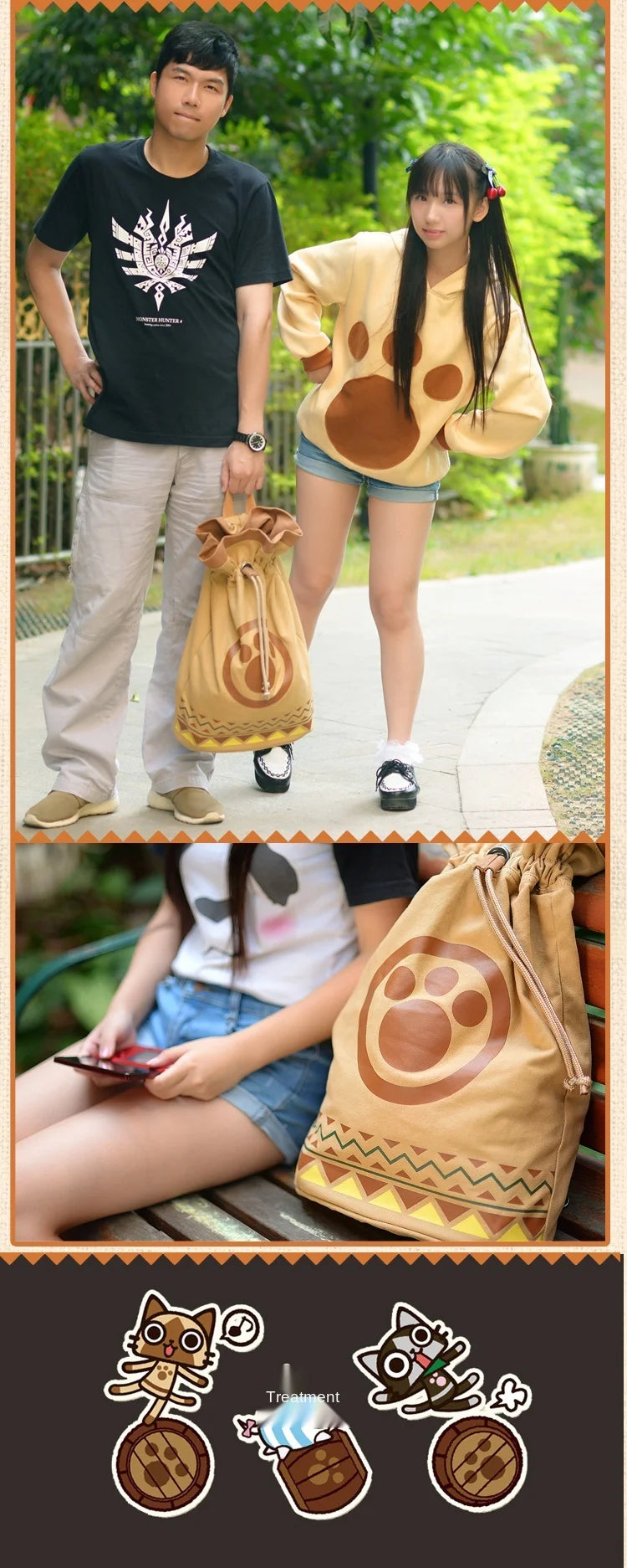 Monster Hunter Airou Cat Drawstring Canvas Backpack – Anime Japanese Schoolbag