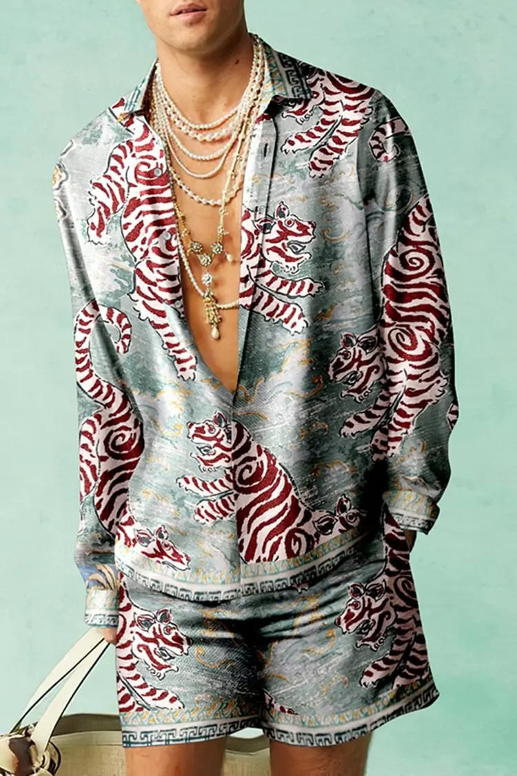 Men's Hawaiian Print Shirt & Drawstring Shorts Beach Vacation Set
