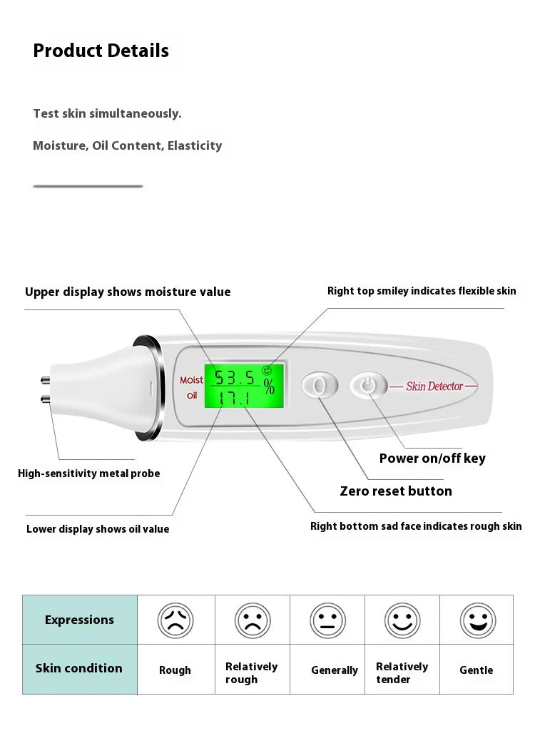 Digital Skin Moisture & Oil Analyzer – Platinum Probe Facial Water-Oil Balance Tester & Skin Diagnostic Device